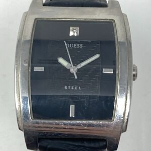 Guess Steel Tank Watch Men 35mm Silver Tone Black Leather New Battery 8.75"